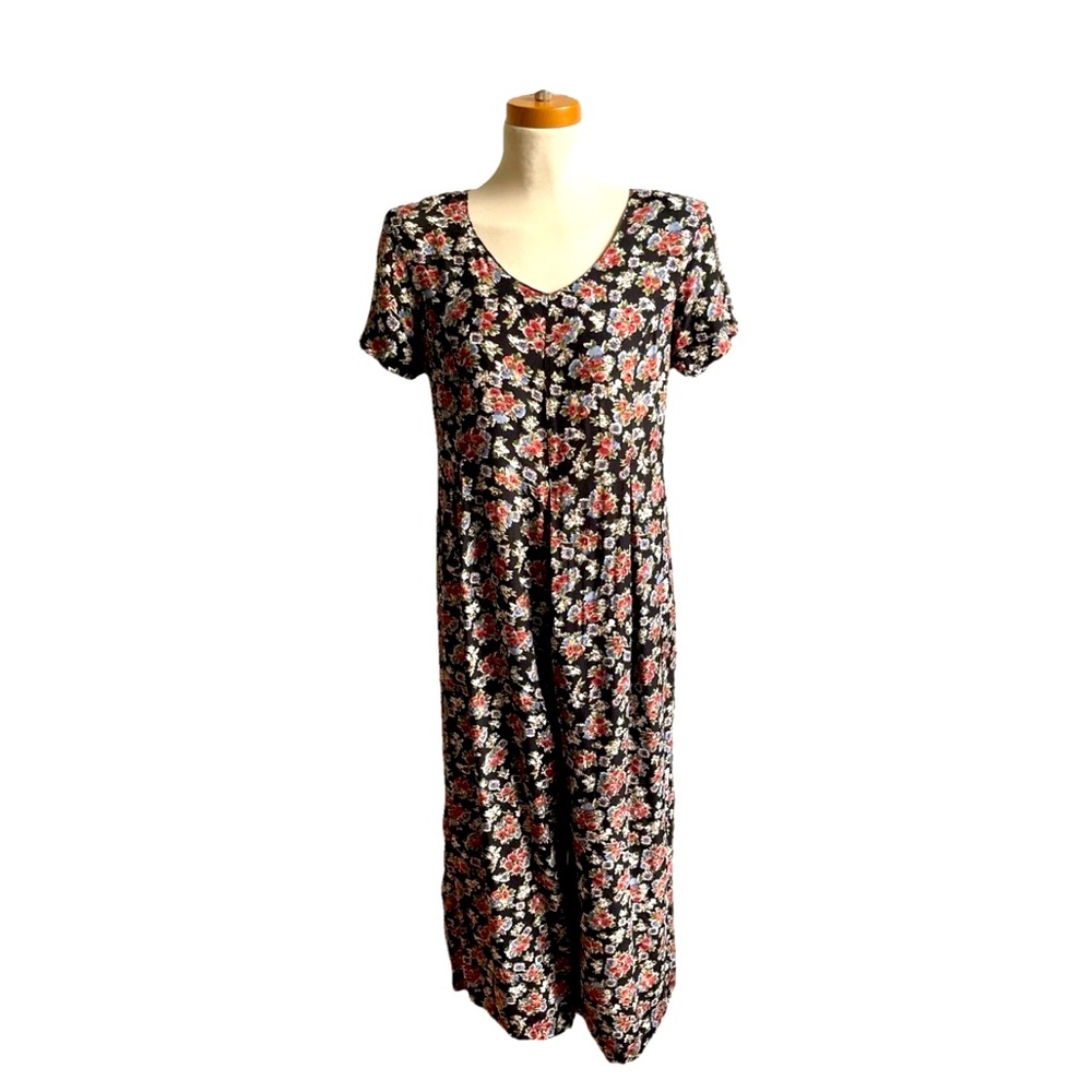 Vintage 90s Donna Toran Floral Jumpsuit Palazzo Black Short Sleeve Size Small